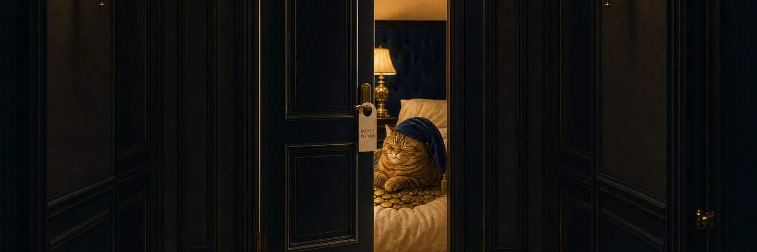 The hotel corridor at night: the door of Suite 2013 ajar, Ambrose asleep inside