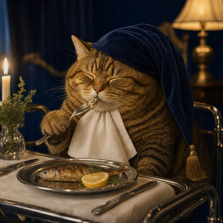 Ambrose at a room-service table with a napkin, eating fish with his eyes closed