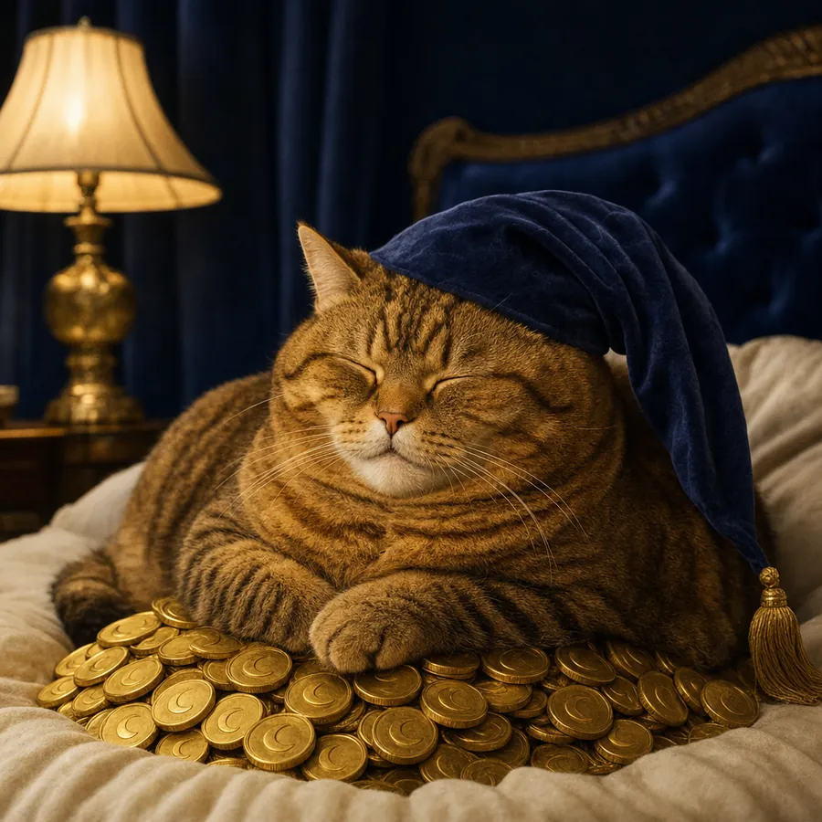 Ambrose, an old honey tabby in a midnight-blue nightcap, asleep on a pile of gold coins